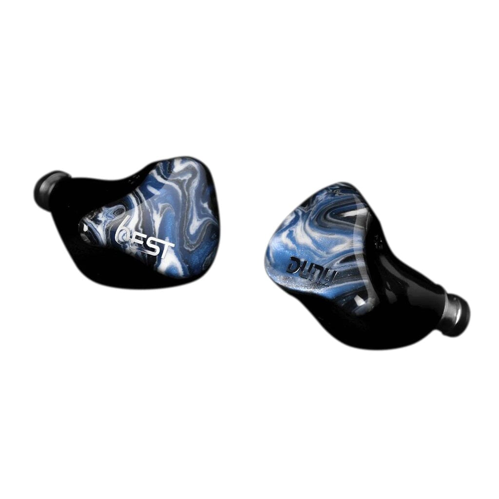 Featuring a striking design, the Dunu SA6 EST In-Ear Headphones showcase two black wireless earbuds with a glossy finish and marbled blue, white, and black patterns on the outer surfaces. Labeled EST and DUNU, these headphones utilize advanced balanced armature drivers to deliver exceptional sound clarity. Inspired by the acclaimed Dunu SA6 EST model, they offer high-fidelity audio performance in a distinctive package.