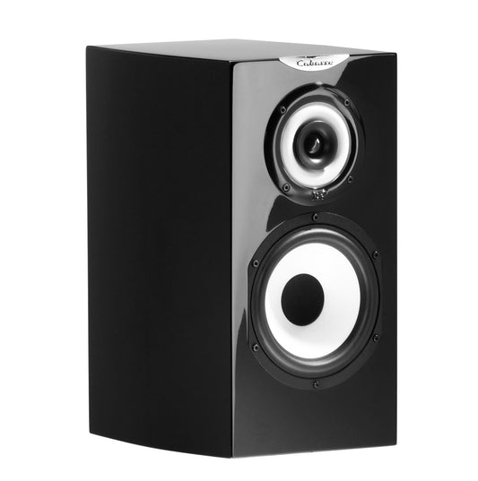 The Cabasse MINORCA MC40 Bookshelf Speakers by Cabasse are black, rectangular speakers with a glossy finish, featuring two front-mounted circular drivers and advanced coaxial technology for high-quality audio.