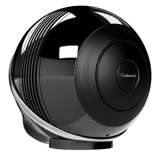 A pair of Cabasse THE PEARL AKOYA wireless speakers in glossy black, featuring a perforated grille with "Cabasse" at the center, each set on a curved metallic stand against a white background.