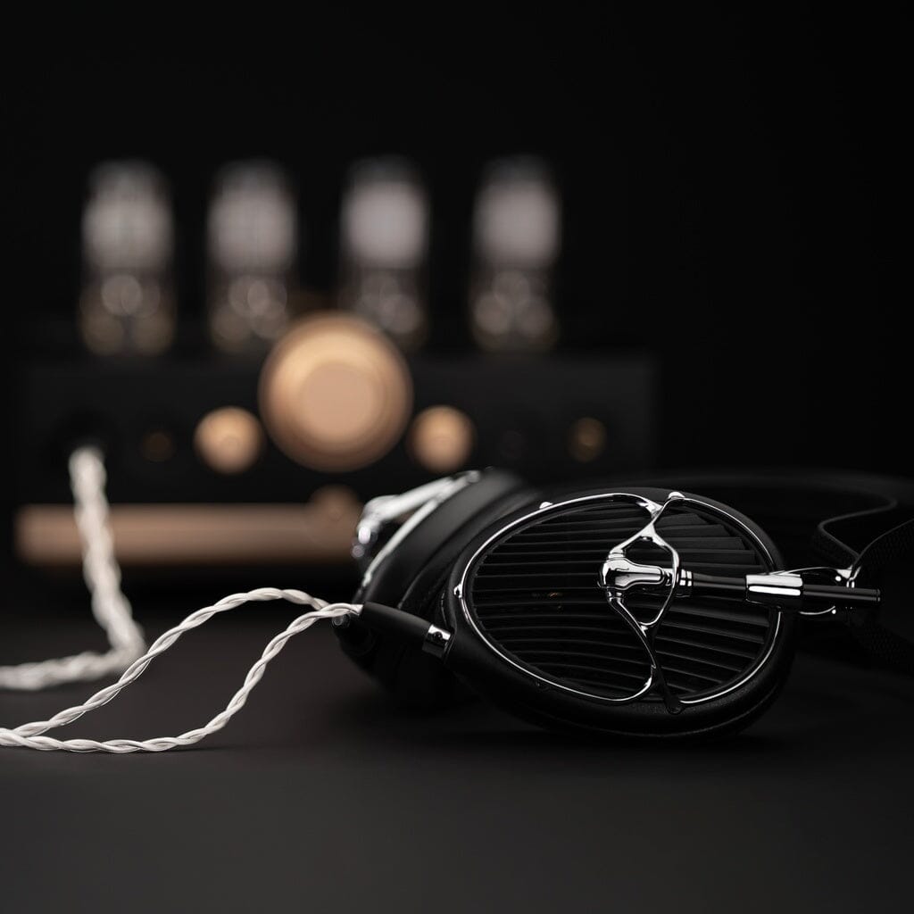 Meze Audio ARTA Headphones by Meze, featuring a black over-ear planar magnetic design with silver accents and a braided white cable, rest on a dark surface. In the blurred background, a vintage audio amplifier with glowing tubes and gold dials can be seen.