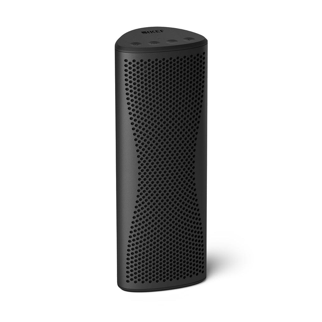 The KEF Muo HiFi Portable Bluetooth Speaker by KEF features a sleek black cylindrical design, perforated front grille, curved body, and top control buttons, shown standing upright on a white background.