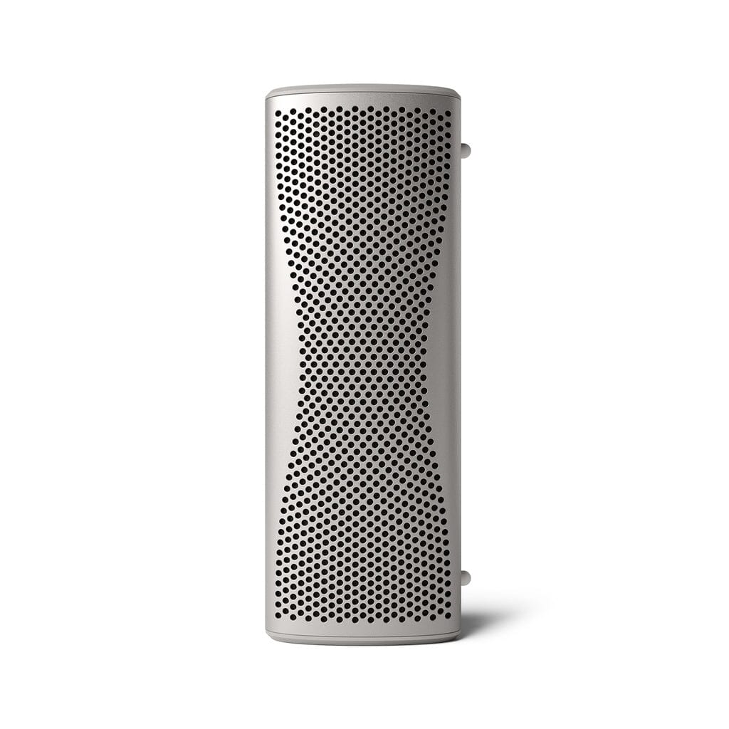 The KEF Muo HiFi Portable Bluetooth Speaker by KEF is a silver, rectangular device with rounded edges and a perforated front grille, shown upright against a white background.