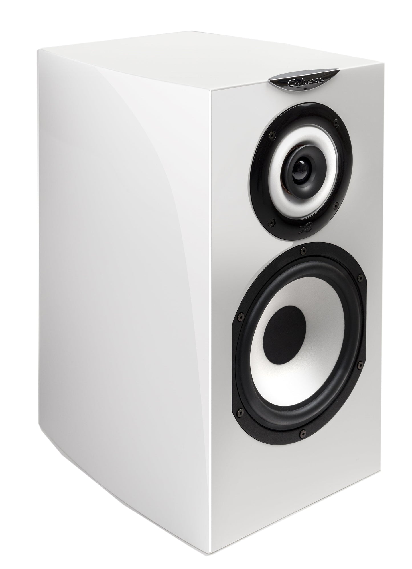 The Cabasse MINORCA MC40 Bookshelf Speakers feature a modern white 3-way design with coaxial technology, dual black and white drivers (small above large), a glossy finish, and the Cabasse logo on top.