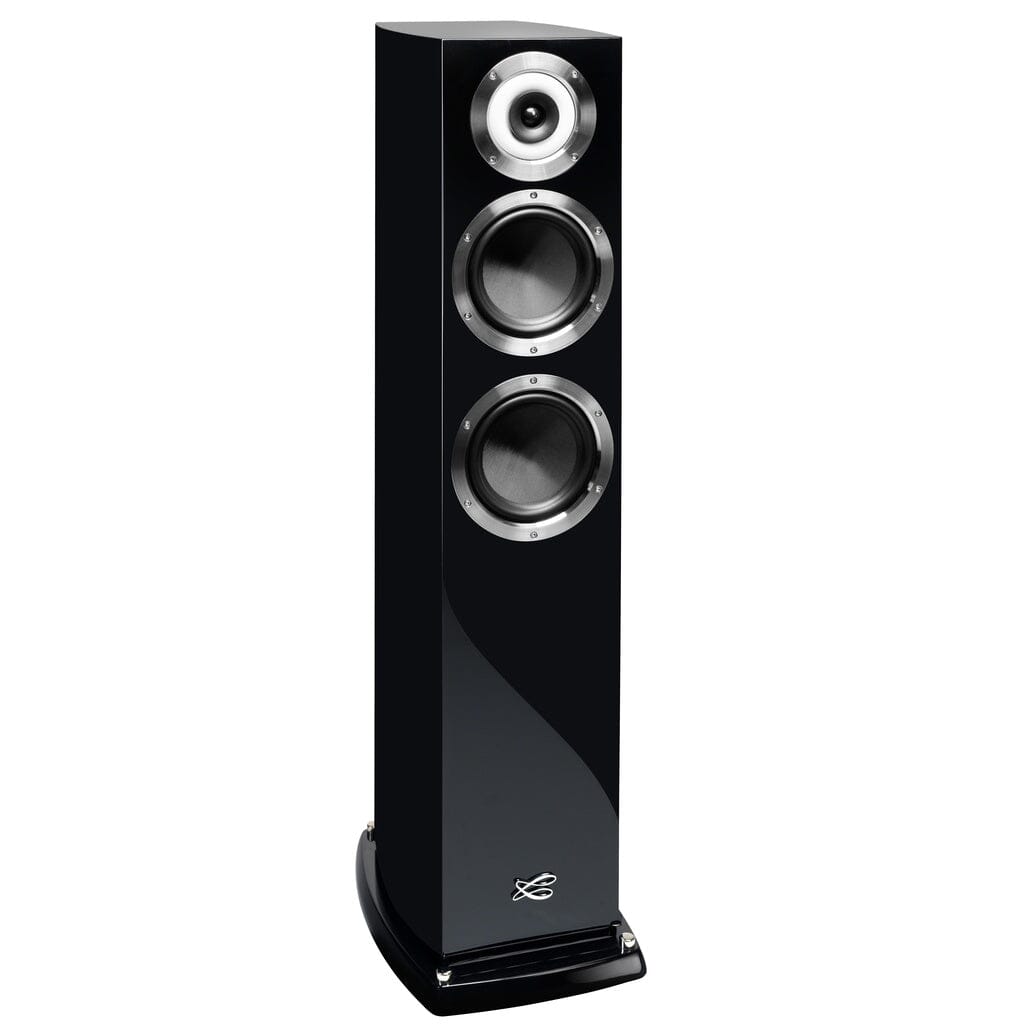 The Cabasse MURANO ALTO Floorstanding Speaker by Cabasse features a sleek black design with three vertically aligned drivers and a glossy finish, offering high-end stereo performance.