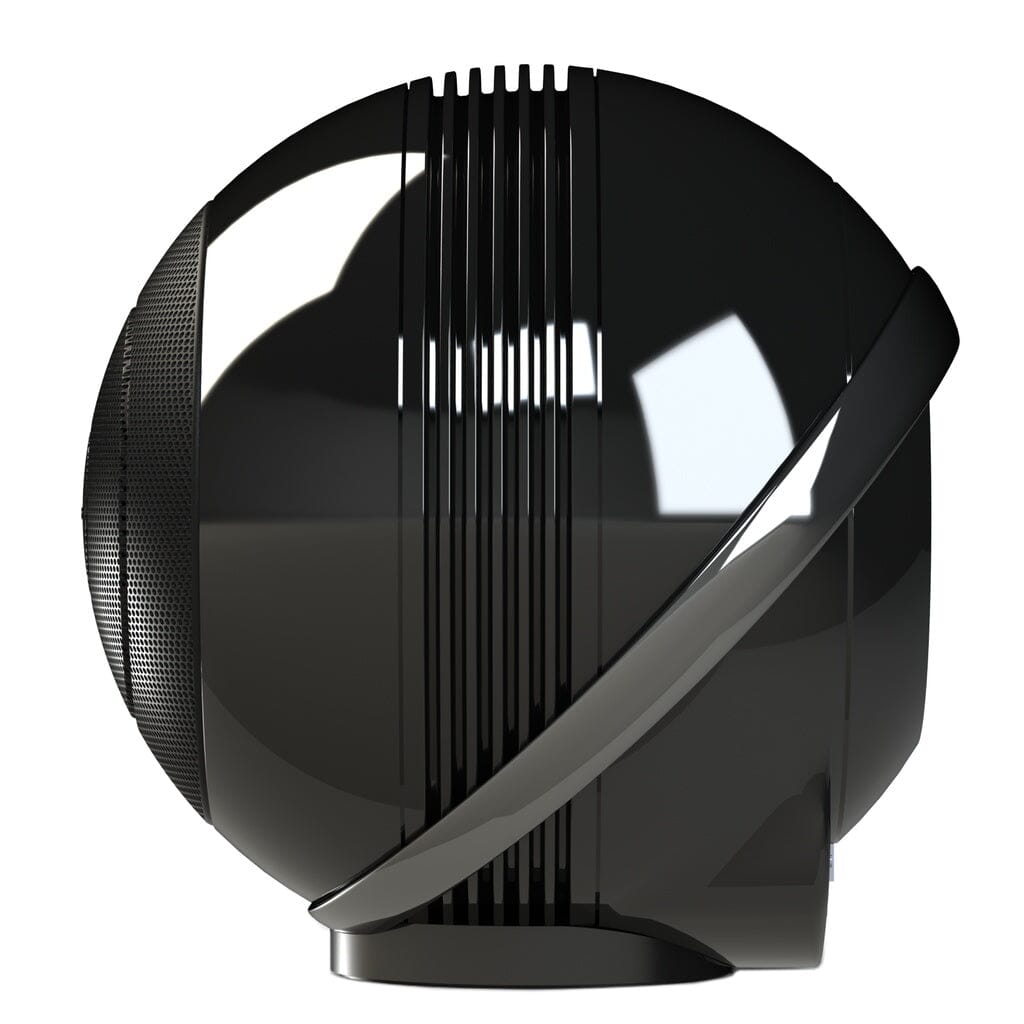 The Cabasse THE PEARL AKOYA Wireless Speaker (Pack of 2) features a sleek black spherical design with vertical grooves, a curved diagonal band, and tri-coaxial driver technology by Cabasse, shown on a flat base against a white background.