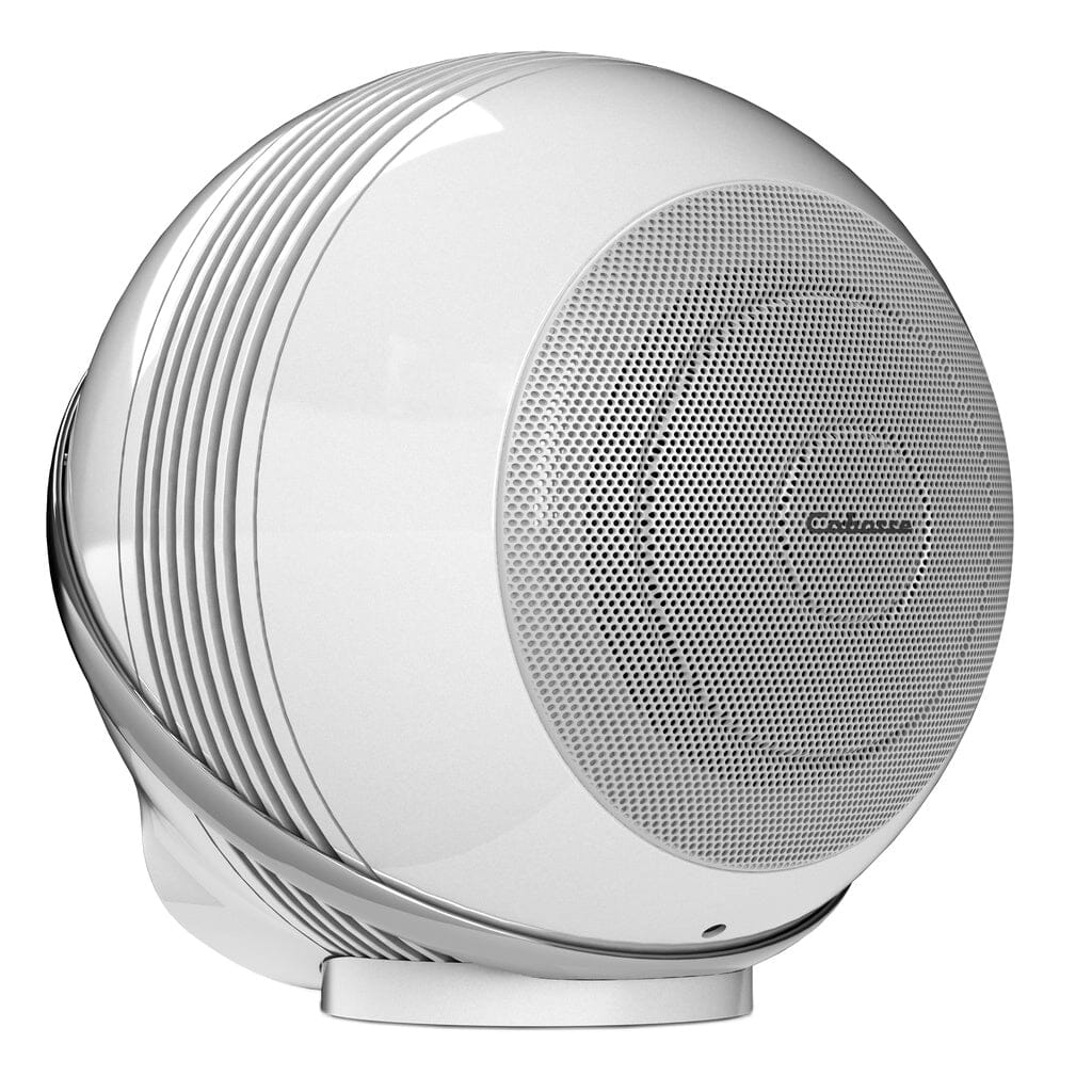 Experience high-resolution audio with the Cabasse THE PEARL AKOYA Wireless Speaker—pack of 2—featuring a modern spherical white design, metallic mesh front, and sleek curved lines on a compact round base.