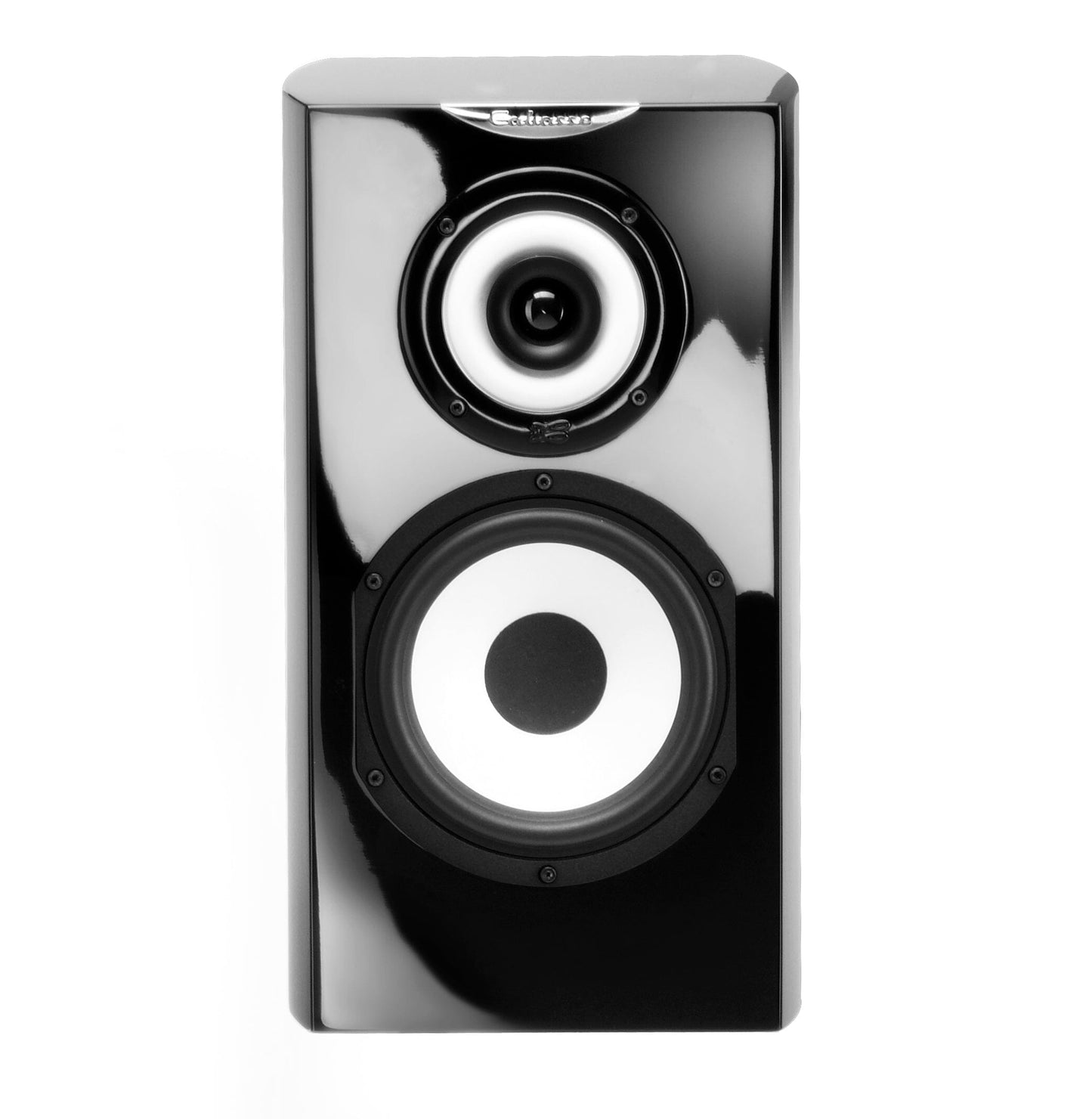 A glossy black Cabasse MINORCA MC40 Bookshelf Speaker with coaxial technology, two white-accented circular drivers (smaller above, larger below), and a rectangular design, displayed against a white background.