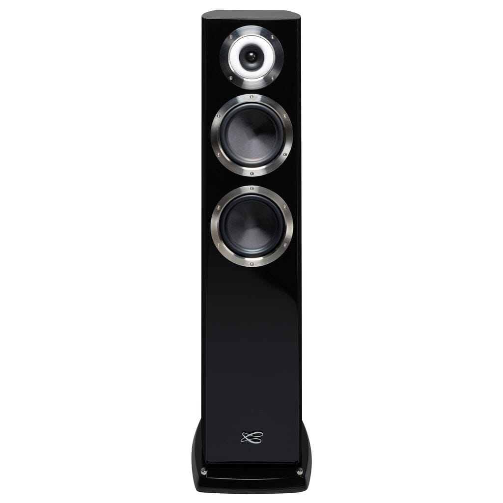 The Cabasse MURANO ALTO Floorstanding Speaker by Cabasse is a tall, black 3-way speaker with three vertically arranged drivers on the glossy front panel, including a coaxial tweeter-midrange design and a discreet logo near the base.