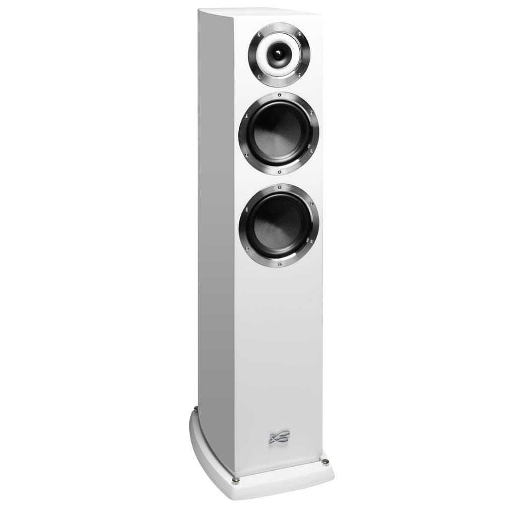 The Cabasse MURANO ALTO Floorstanding Speaker features a tall white design with a coaxial tweeter-midrange and two large woofers on the front, all standing on a matching white base for an elegant, high-end stereo experience.