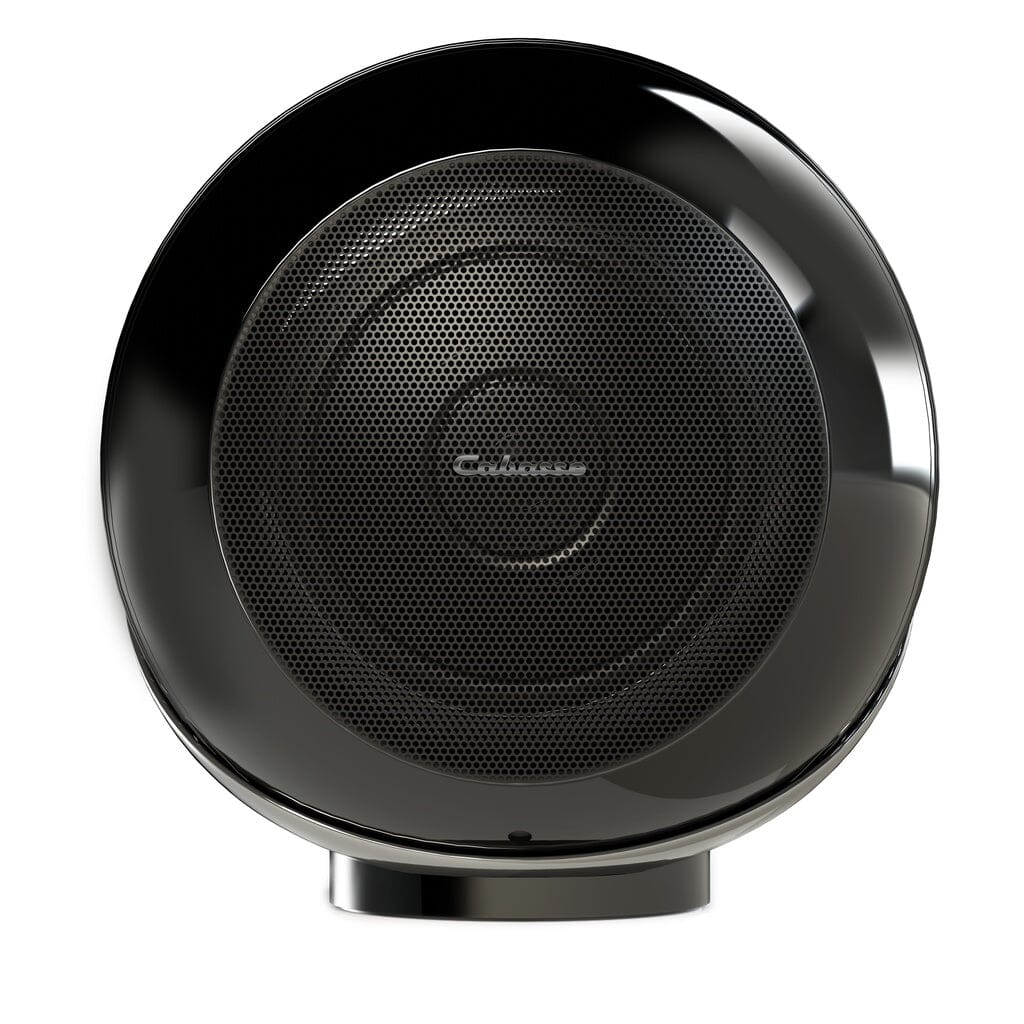 A pair of round, glossy black Cabasse THE PEARL AKOYA wireless speakers with perforated front grilles rest on small bases, isolated on a white background.