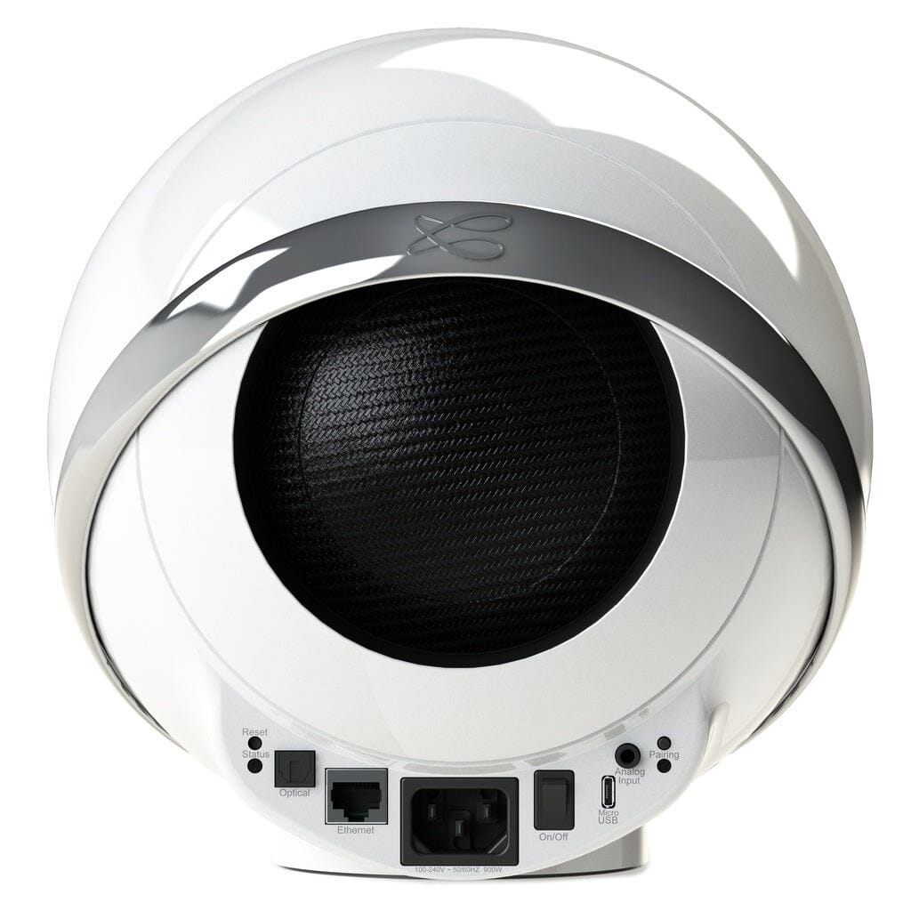 The Cabasse THE PEARL AKOYA Wireless Speaker (Pack of 2) features a modern spherical white design, black mesh front, USB/Ethernet/power ports on the back, and tri-coaxial drivers for high-resolution audio.