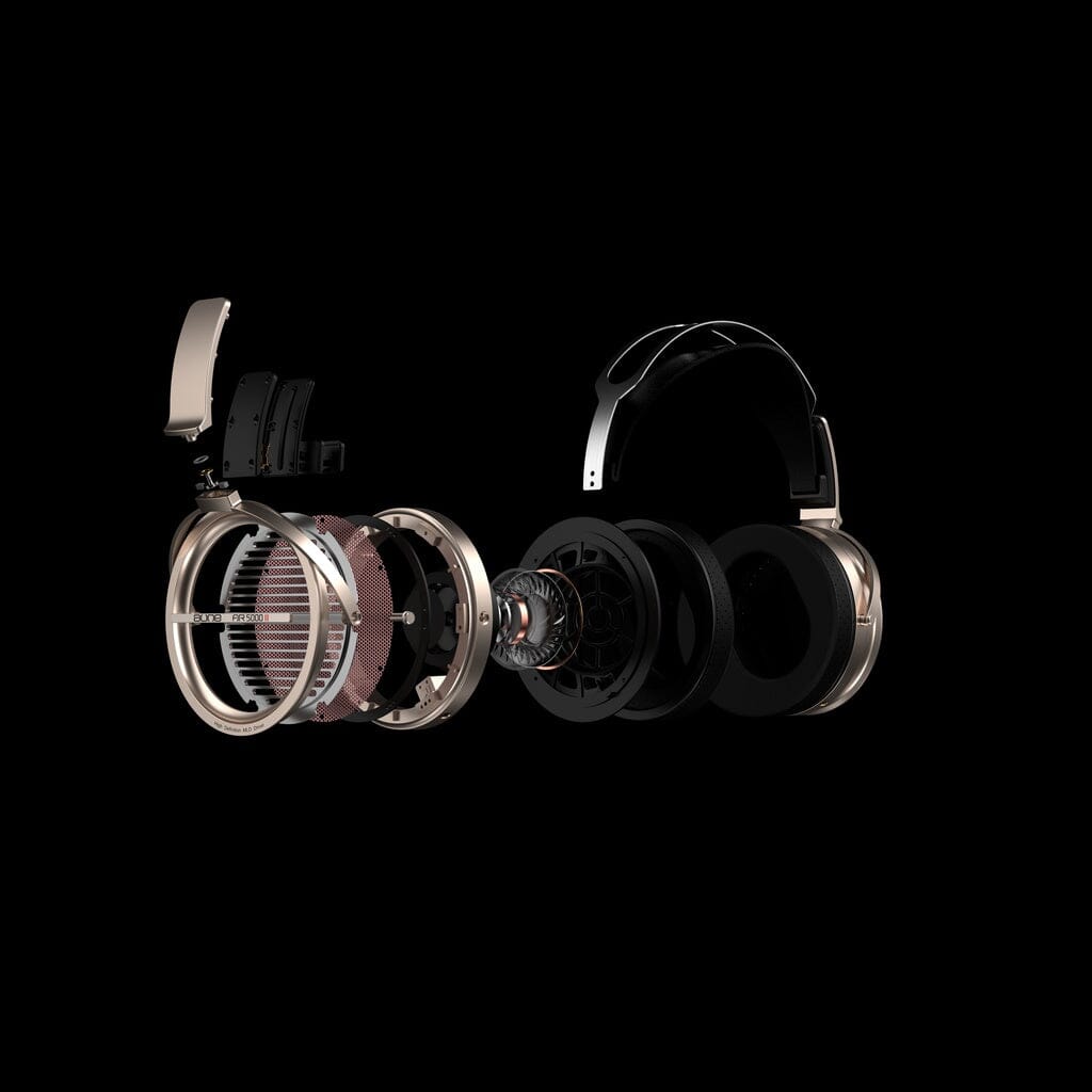 Exploded view of the Aune AR5000 MK2 Headphones by Aune Audio displays internal components—including ear pads, a powerful 50mm driver, wiring, and headband—all set against a black background.