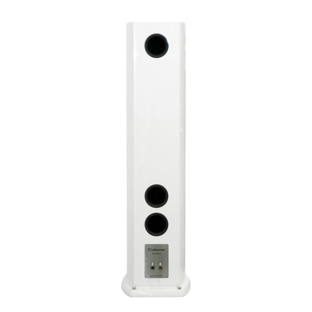The Cabasse MURANO ALTO Floorstanding Speaker by Cabasse stands upright against a white background, featuring a tall, white, rectangular design with three circular front ports, a control panel near the bottom, and a coaxial tweeter-midrange.