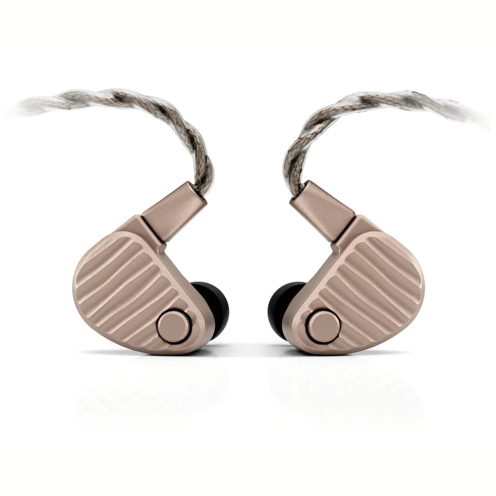 Two 64 Audio Ocean In-Ear Headphones are shown facing each other on a white background. These metallic headphones feature ribbed surfaces, detachable braided cables, and black eartips. Their modern and stylish design reflects the flagship hybrid driver aesthetic that 64 Audio is known for.