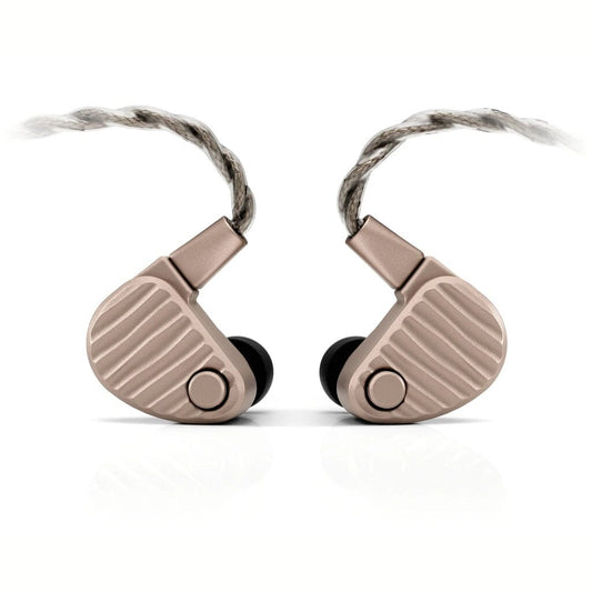 Two 64 Audio Ocean In-Ear Headphones are shown facing each other on a white background. These metallic headphones feature ribbed surfaces, detachable braided cables, and black eartips. Their modern and stylish design reflects the flagship hybrid driver aesthetic that 64 Audio is known for.