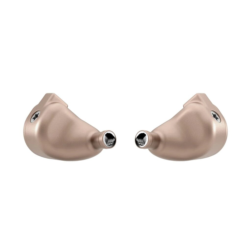 Two beige-colored 64 Audio Ocean In-Ear Headphone housings, reminiscent of a flagship universal IEM, are shown facing each other against a white background, displaying their nozzle tips and screw details—a nod to 64 Audio’s innovative hybrid driver design.