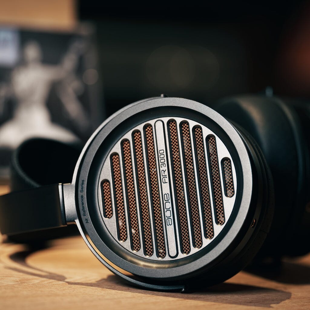 Close-up of an open-back Aune Audio AR3000 headphone ear cup with a circular metal grille.