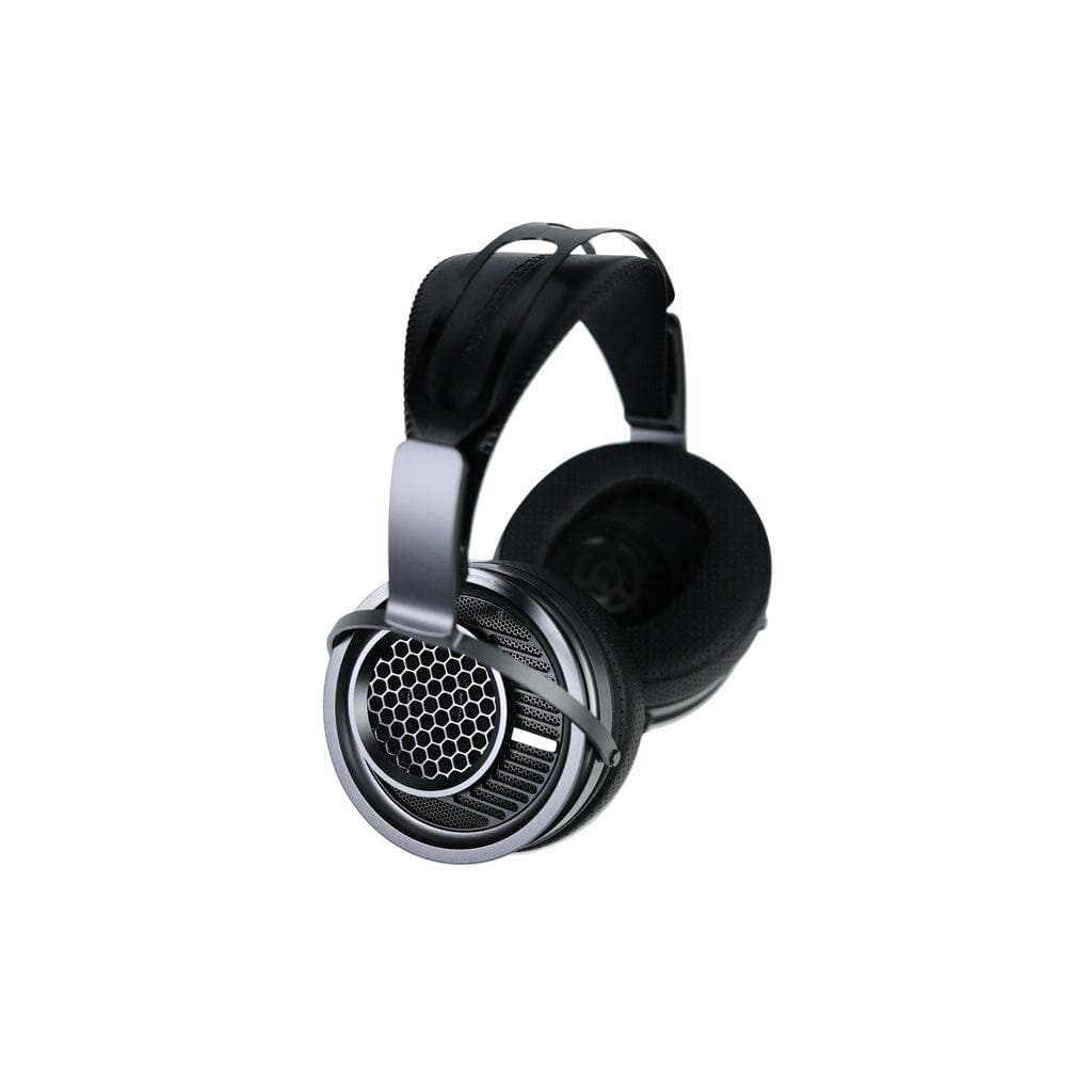 The Aune AR9000 Headphones by Aune Audio are black and silver over-ear headphones featuring a honeycomb-style open-back design. Displayed against a plain white background, these flagship headphones are equipped with a padded headband and ear pads to provide exceptional comfort.
