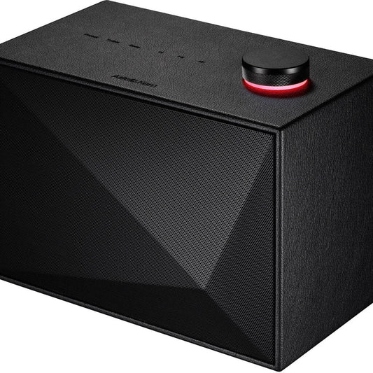 The Astell & Kern ACRO BE100 Wireless Bluetooth Speaker features a black geometric front, touch controls, a large red LED knob, and delivers high-end stereo sound. Now on clearance.