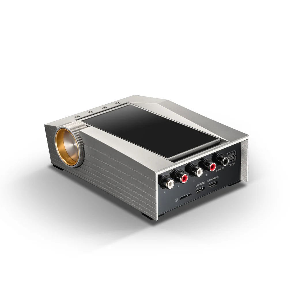 The Astell&Kern CA1000 Headphone Amplifier - Open Box by Astell & Kern features a sleek metallic design, large display, gold volume knob, and RCA I/O plus USB-C ports on the back panel, shown against a white background.