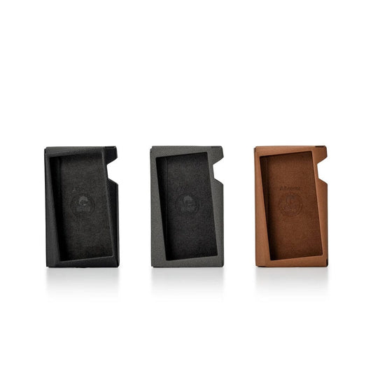 Three Astell&Kern A&norma SR35 Leather Protective Cases by Astell & Kern in black, gray, and brown are shown side by side. Each has an angled opening, subtle logo embossing inside, and is crafted from premium LASKINA polyurethane.