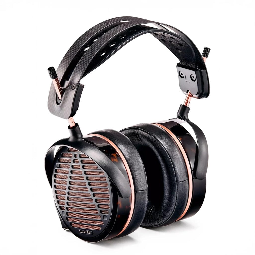 The Audeze LCD-5s Headphones feature black planar magnetic drivers, rose gold accents, thick cushioned ear pads, and a wide perforated headband for mastering-grade precision, shown against a white background.