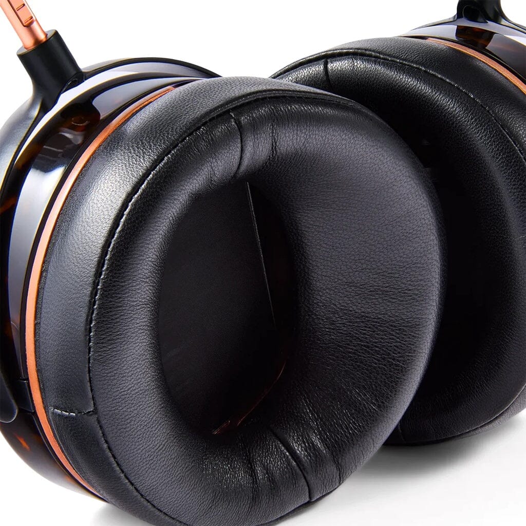Close-up view of two large, black, cushioned Audeze LCD-5s planar magnetic headphone ear pads with shiny dark brown and copper accents; the leather texture is clearly visible against a white background.