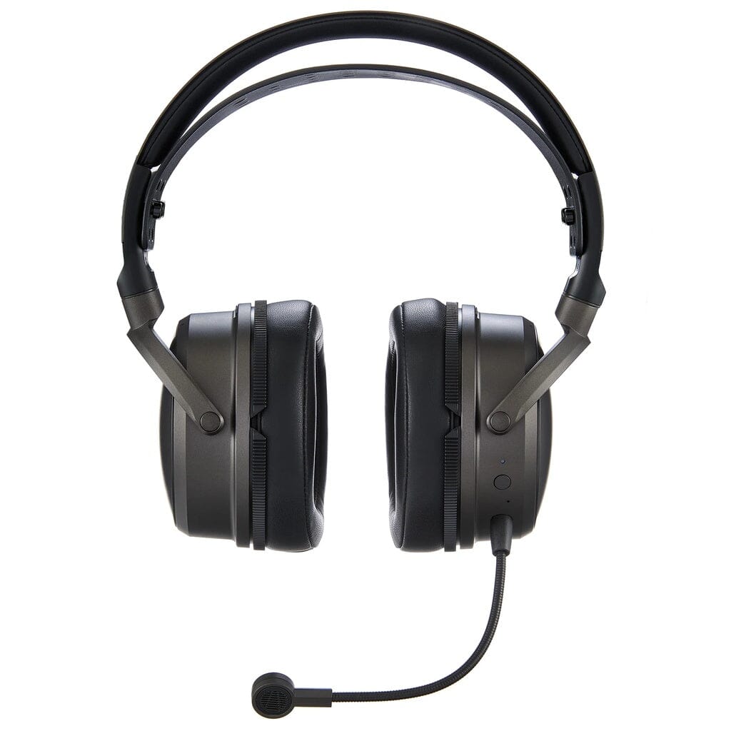 The Audeze Maxwell 2 Wireless Gaming Headphones by Audeze shown from the front in black, featuring over-ear design and a built-in adjustable microphone on the left earcup, displayed against a white background.