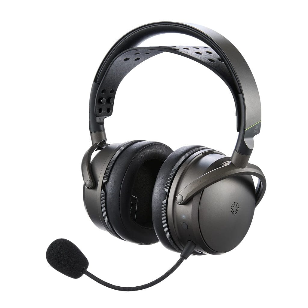The Audeze Maxwell 2 Wireless Gaming Headphones by Audeze are black, over-ear headphones featuring planar magnetic drivers, a padded headband, adjustable boom mic, and cushioned ear cups. Shown on a white background.