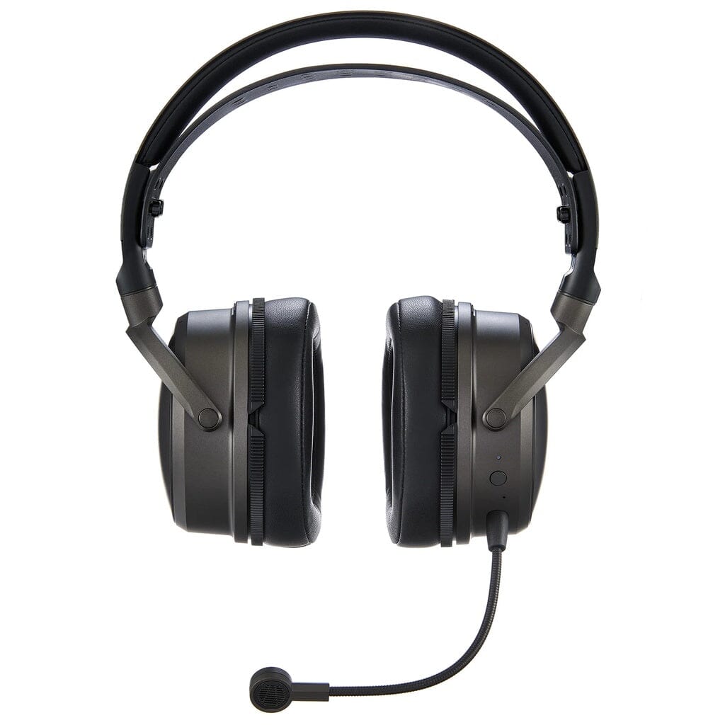 The Audeze Maxwell 2 Wireless Gaming Headphones by Audeze are black over-ear headphones with thick ear cushions, planar magnetic drivers, an adjustable headband, and a built-in left-side microphone, shown from the front against a white background.