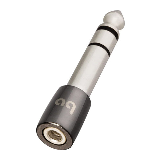 A close-up of the AudioQuest 3.5mm to 1/4" (6.35mm) Headphone Adapter by AudioQuest, featuring a black and silver design with solid copper construction, two black rings, and a silver tip, angled against a white background.