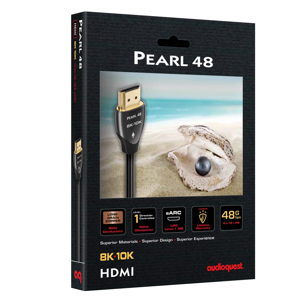 A box of AudioQuest Pearl HDMI 48 by AudioQuest sits beside an open oyster with a black pearl; packaging highlights long-grain copper, 48Gbps speed, eARC, and support for 8K-10K resolution.