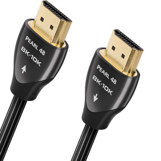 Close-up of two black AudioQuest Pearl HDMI 48 cables with gold-plated connectors and long-grain copper, placed side by side on a white background.