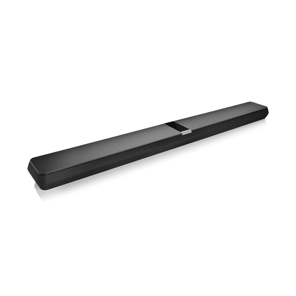 The Bowers & Wilkins Panorama 3 3.1.2 Wireless Dolby Atmos Soundbar, shown in sleek black with a raised central section and minimalist design, delivers an immersive home theater experience.