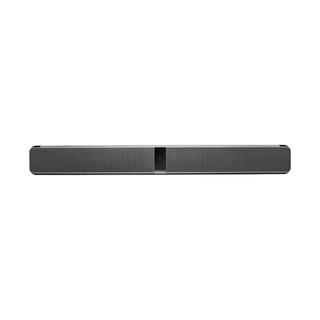The Bowers & Wilkins Panorama 3 is a sleek black rectangular 3.1.2 wireless Dolby Atmos soundbar with built-in subwoofers and a central control panel, shown front-facing on a white background, ideal for immersive home theater audio.