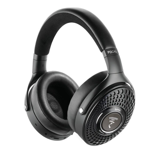 The Focal Bathys wireless noise-canceling headphones by Focal are black over-ear headphones featuring cushioned ear pads and a padded headband, with a distinctive honeycomb pattern on the ear cups. These headphones provide both comfort and style, along with a customizable EQ for a tailored listening experience.