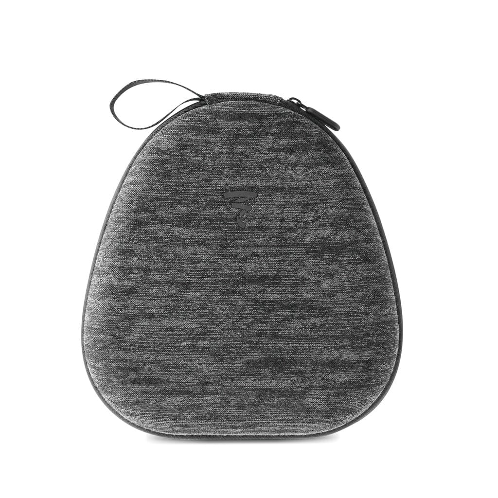 Gray, teardrop-shaped zippered carrying case with a small handle loop on top, designed to provide a perfect fit for the Focal Bathys wireless noise-canceling headphones by Focal. Featuring a subtle textured pattern and a faint Focal logo centered on the front, this case combines style and protection. The background is plain white.