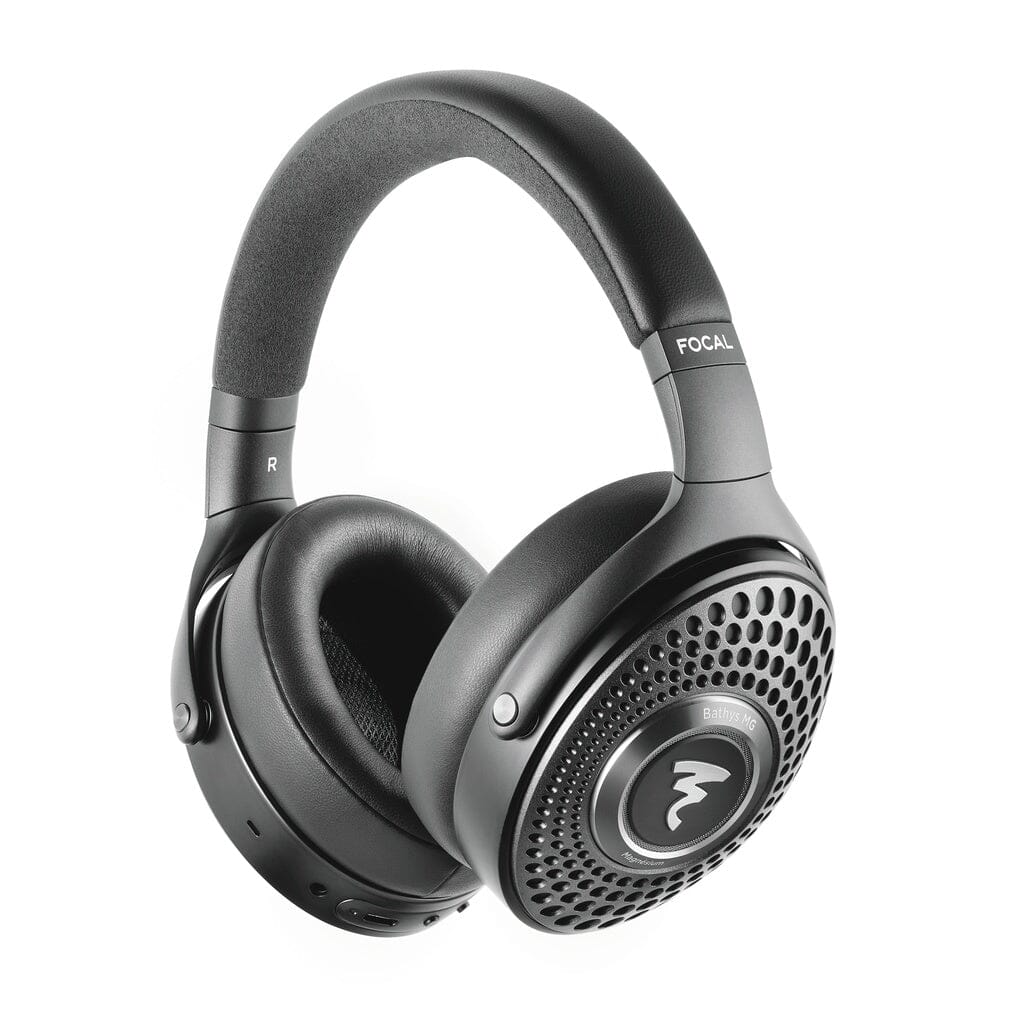 Black Focal Bathys MG wireless over-ear headphones with a circular, perforated grille design on the ear cups.