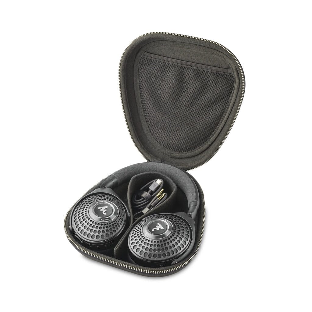 Focal Bathys MG Wireless Headphones folded inside a zippered hardshell carrying case with an included charging cable.