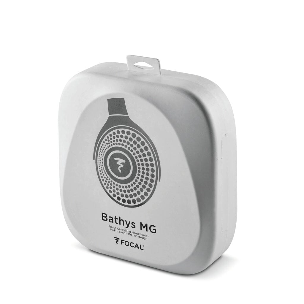 Square, white hardshell carrying case for Focal Bathys MG wireless headphones, featuring a graphic of the headset and text reading: Bathys MG, Noise Cancelling Headphones, Hi-Fi sound, French design.
