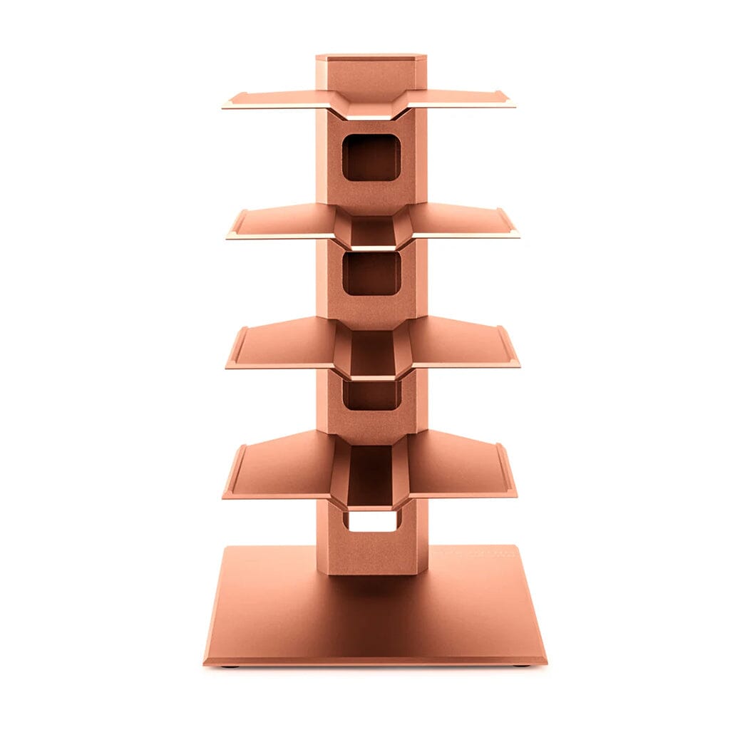 Inspired by the Burson Audio Mothership Equipment Rack from Burson Audio, this copper-toned organizer features four angled trays on a square base, holding documents upright in a stylish, multi-level vertical layout.