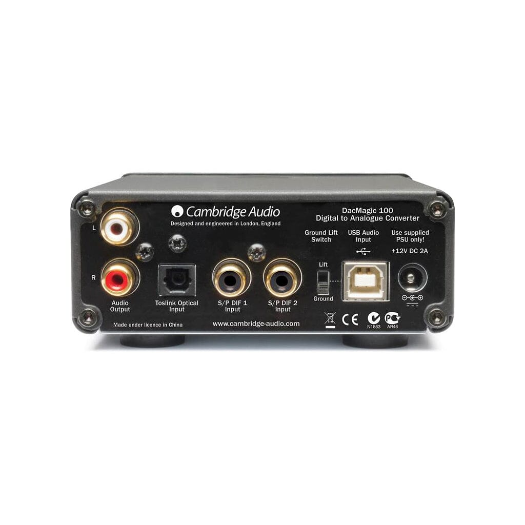 Rear view of the Cambridge Audio DacMagic 100 DAC by Cambridge Audio, featuring labeled RCA, coaxial, optical, USB, and power ports. Supports high-quality 24-bit/192 kHz audio.