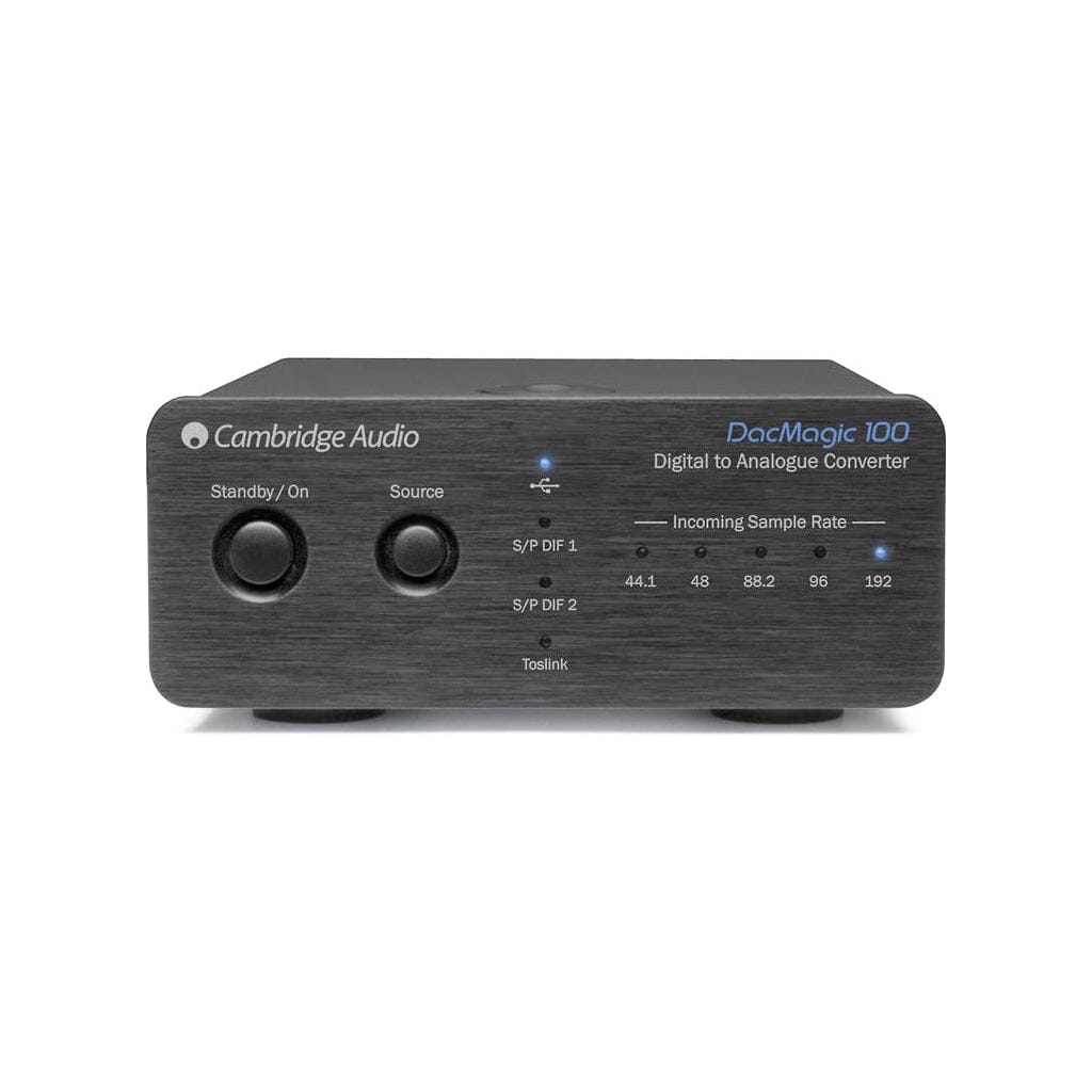 Front view of the Cambridge Audio DacMagic 100 DAC shows standby/on and source buttons, input and 24-bit/192 kHz indicator lights, and Cambridge Audio branding on the top left and right.