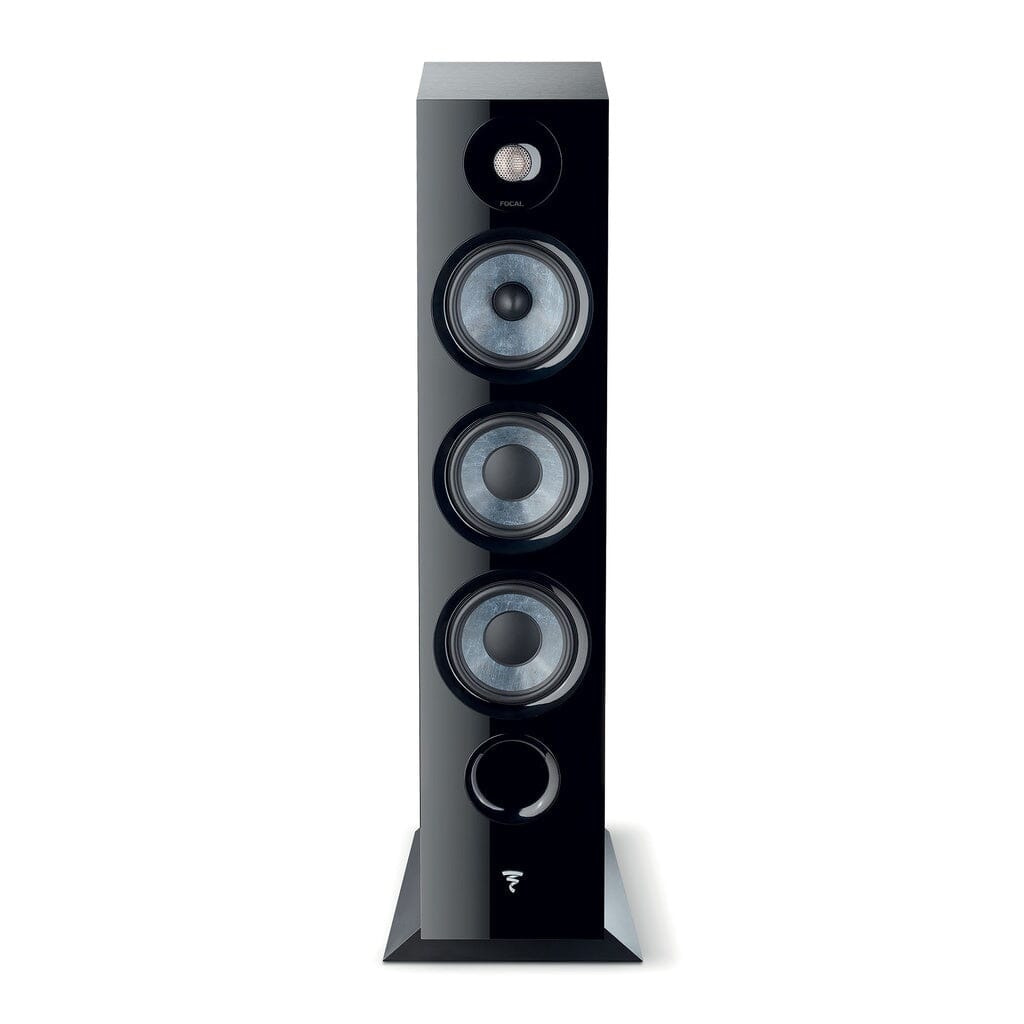 A Focal Chora 826 3-way floorstanding speaker in black with four circular Slatefiber drivers and a brand logo near the base is shown against a white background.