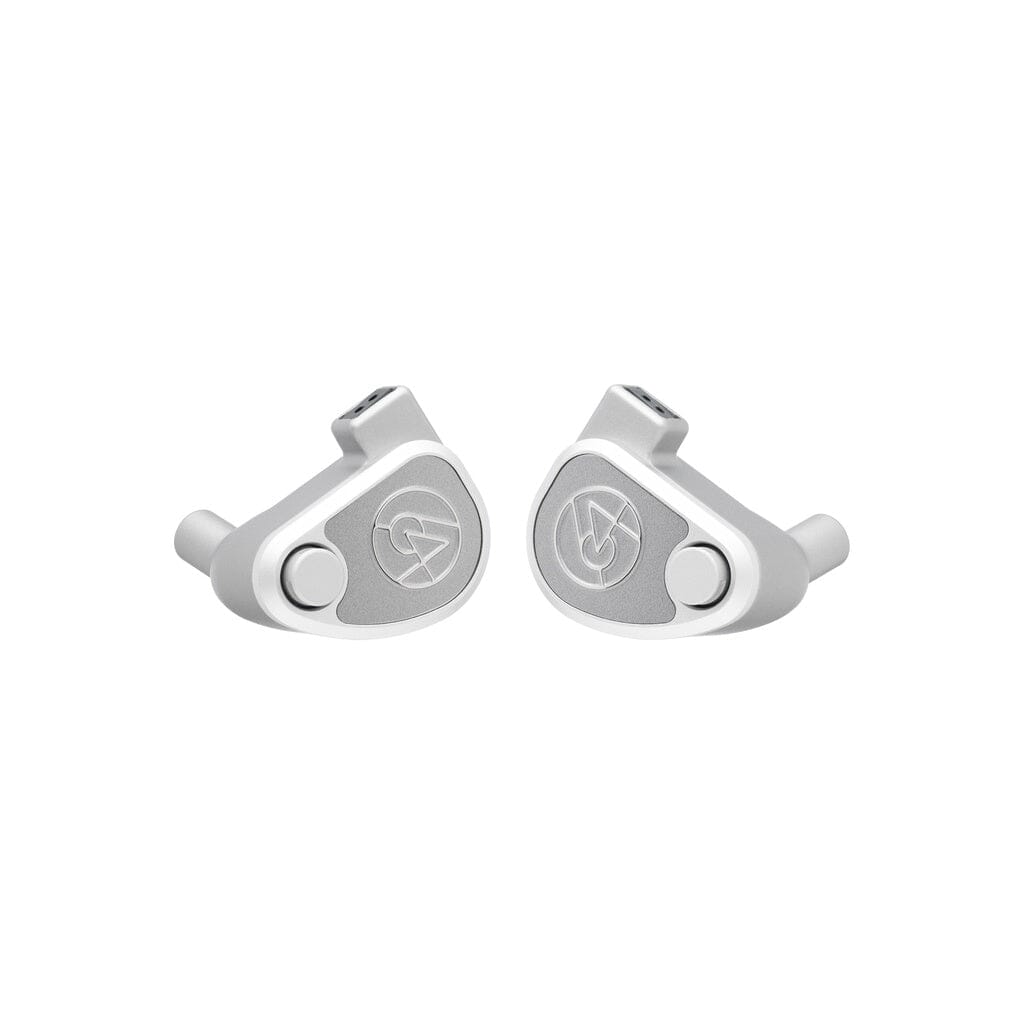 A pair of 64 Audio U12t In-Ear Headphones - Open Box by 64 Audio, in sleek silver with angular design and engraved circular logos on each side, shown against a white background, echoing the style of premium audiophile earphones.