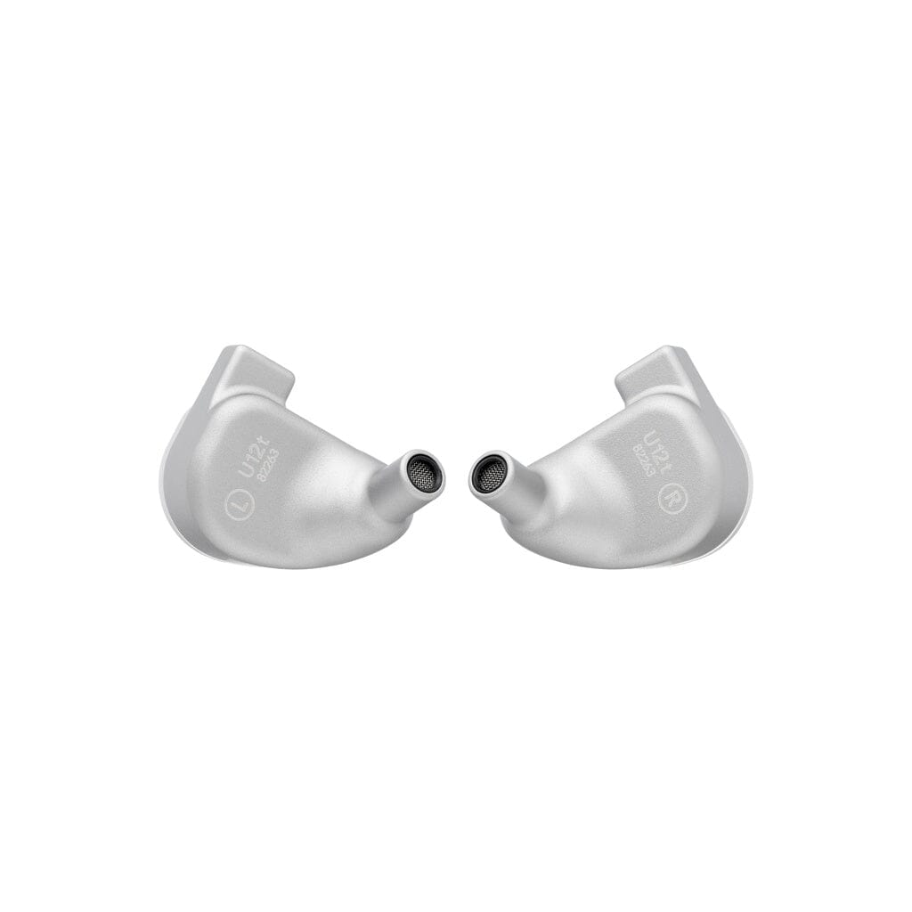 Two silver 64 Audio U12t In-Ear Headphones (Open Box) by 64 Audio are shown facing each other on a white background, labeled L and R, with visible sound nozzles and advanced tia technology for audiophile-quality sound.