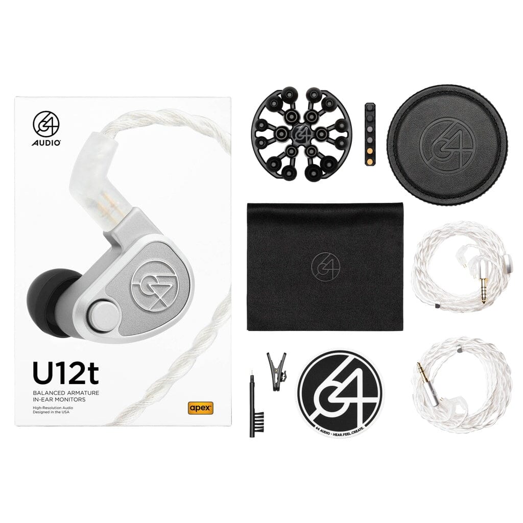 A 64 Audio U12t In-Ear Headphones - Open Box set by 64 Audio, complete with cable, eartips, cleaning tool, case, pouch, clip, and product box—all arranged on a white background for the discerning audiophile.