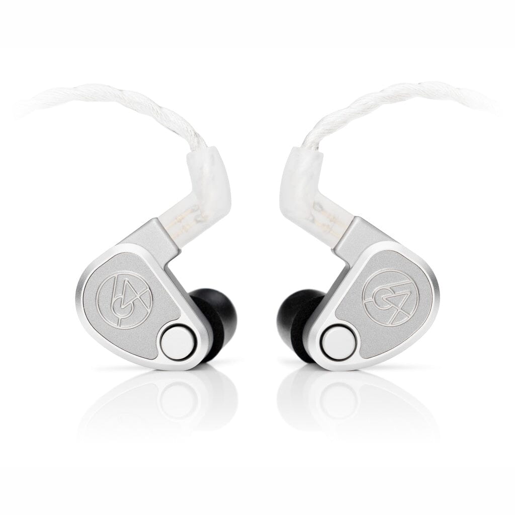 The 64 Audio U12t In-Ear Headphones (Open Box) by 64 Audio are shown with a silver in-ear design, black ear tips, white braided cables, tia technology, and circular logos on each side against a white background.