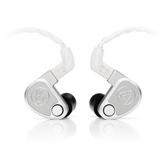 The 64 Audio U12t In-Ear Headphones (Open Box) by 64 Audio are shown with a silver in-ear design, black ear tips, white braided cables, tia technology, and circular logos on each side against a white background.