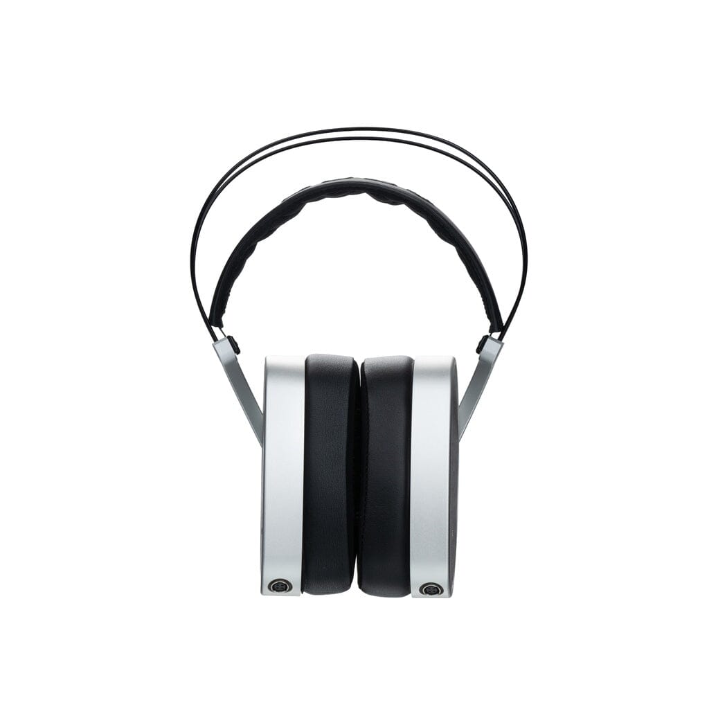 The Dan Clark Audio AEON CORE Headphones are modern, over-ear planar magnetic headphones in silver and black, shown from the front on a plain white background.